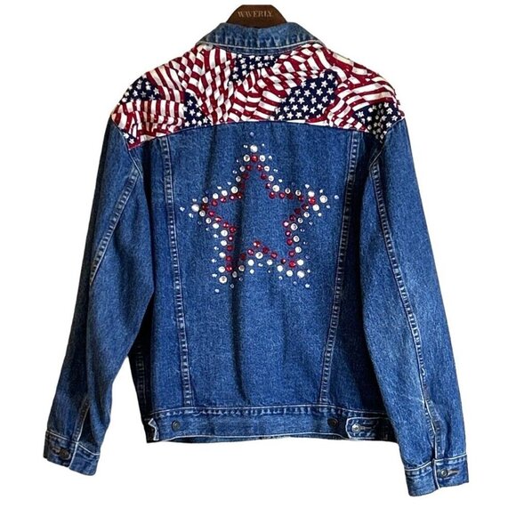 Vintage Flag Denim Jean Jacket USA Flag Lone Star Embellished White Red Blue Sm - Picture 2 of 9